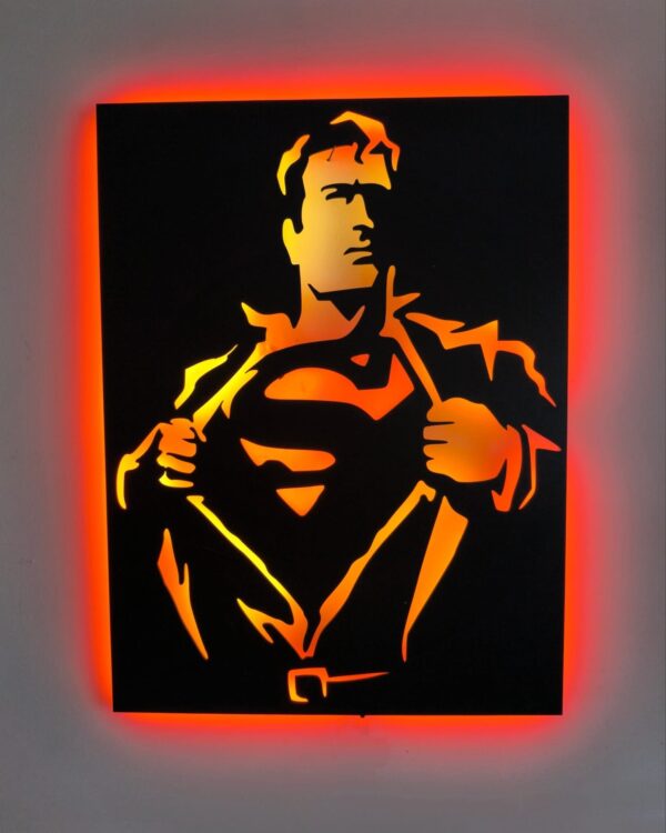 Superman Silüet Tablo, Duvar Dekor Ahşap, Neon Işık, Led