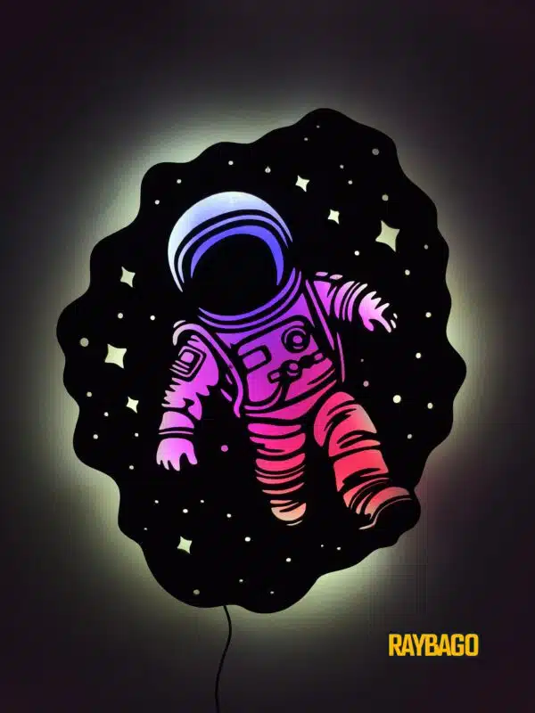 Astronot Tablo, Duvar Dekor Ahşap, Neon Işık, Led