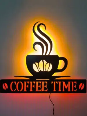 Coffee Time, Kahve Zamanı Tablo, Duvar Dekor Ahşap, Neon Işık, Led