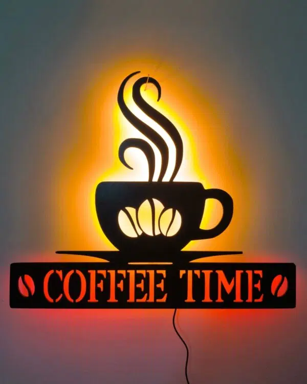 Coffee Time, Kahve Zamanı Tablo, Duvar Dekor Ahşap, Neon Işık, Led